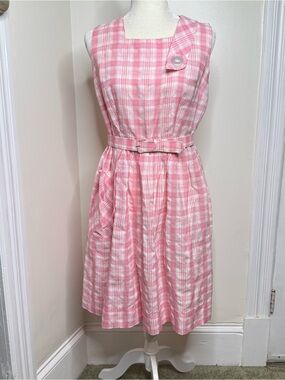 VTG 50s Pink White Plaid Gingham House Dress No Size Medium? Barbie Union Made